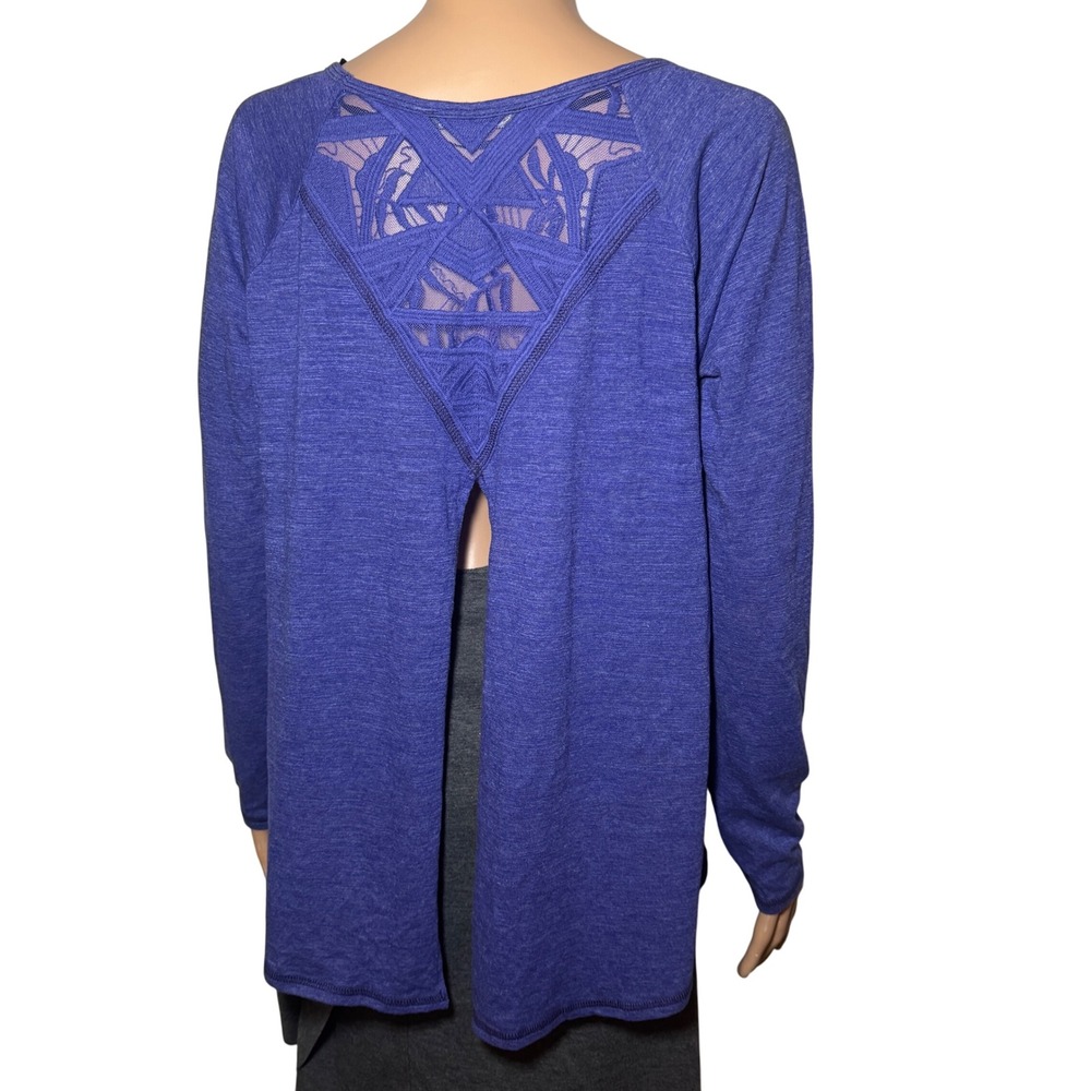 Miss Me Blue Marled Long Sleeve Cutout Back Lace Detail Top Shirts